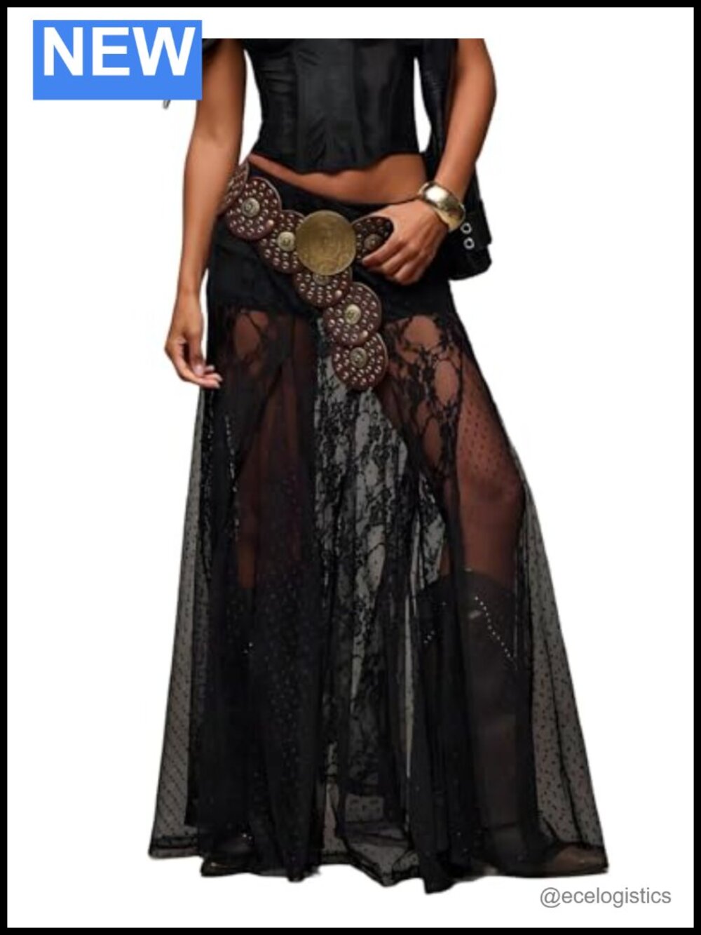 Women's Sexy Mesh See Through Maxi Skirt Ruffle Hem A-Line Flowy